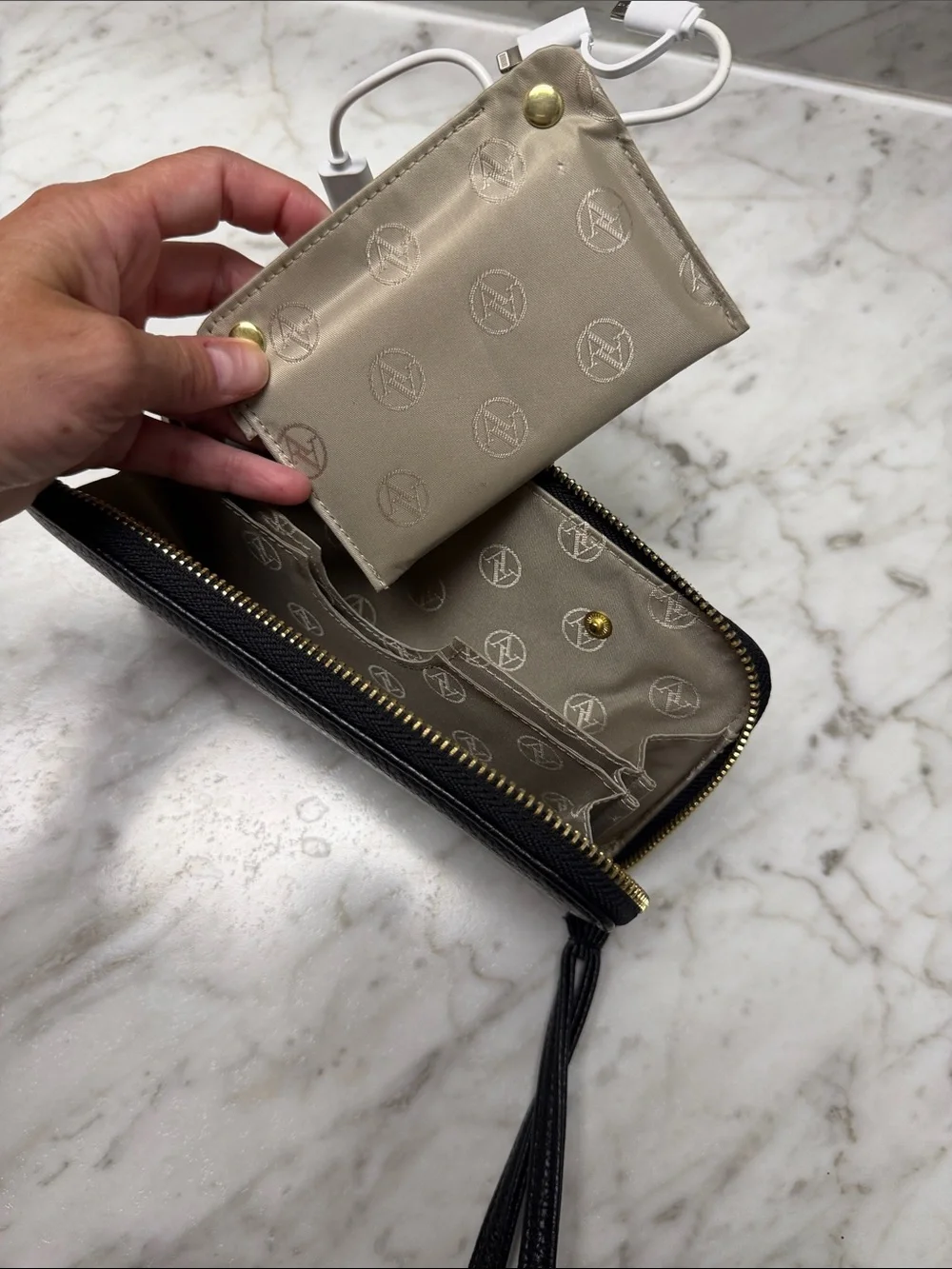 Adrienne Vittadini Black Pebbled Zip Wristlet Wallet with phone Charger!
